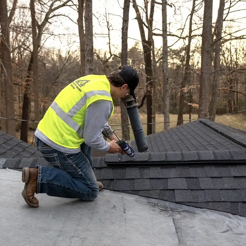 Crew member in a hi-vis company vest running a bead of sealant beside a vent pipe on a shingle ridge