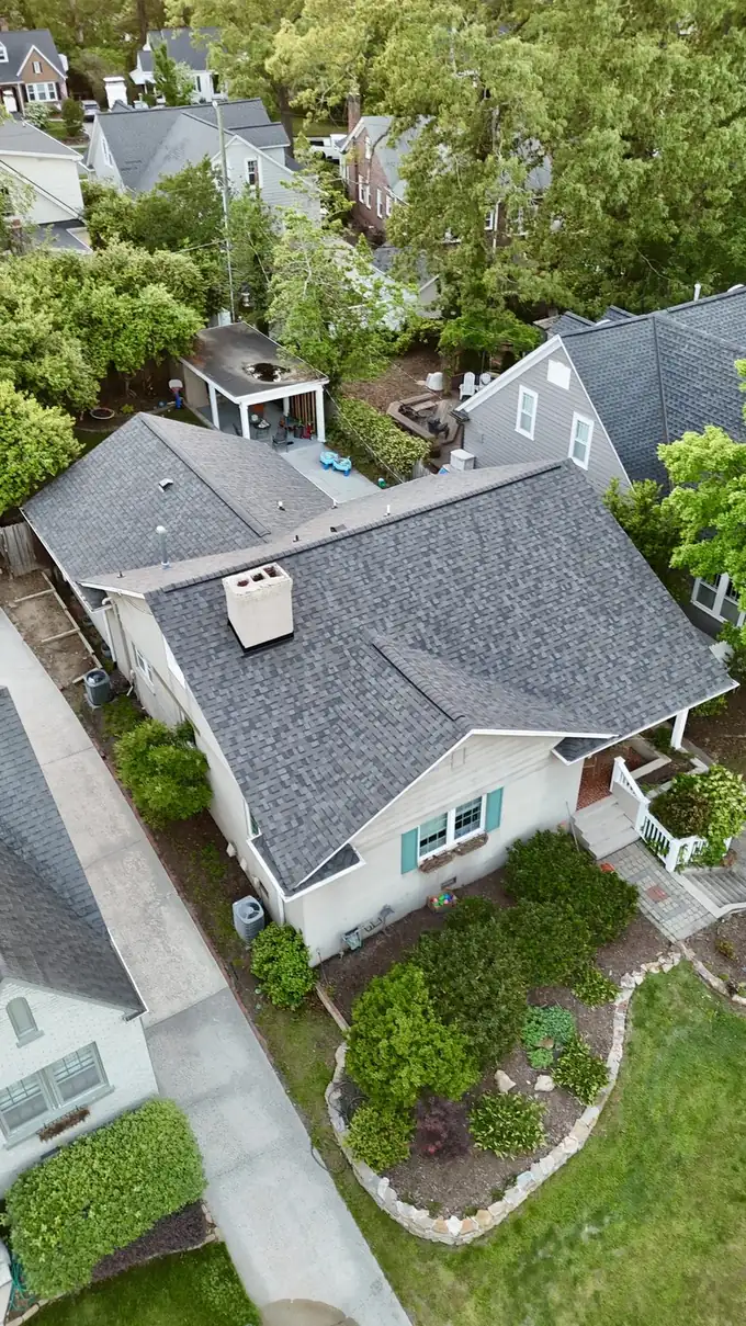 Drone view of a new shingle roof installed by Charlotte Premier Roofing