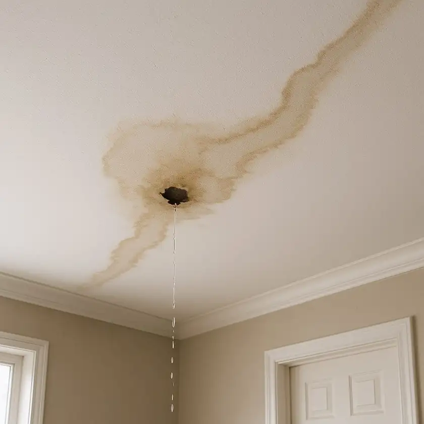 Water stain and an active drip on an interior ceiling