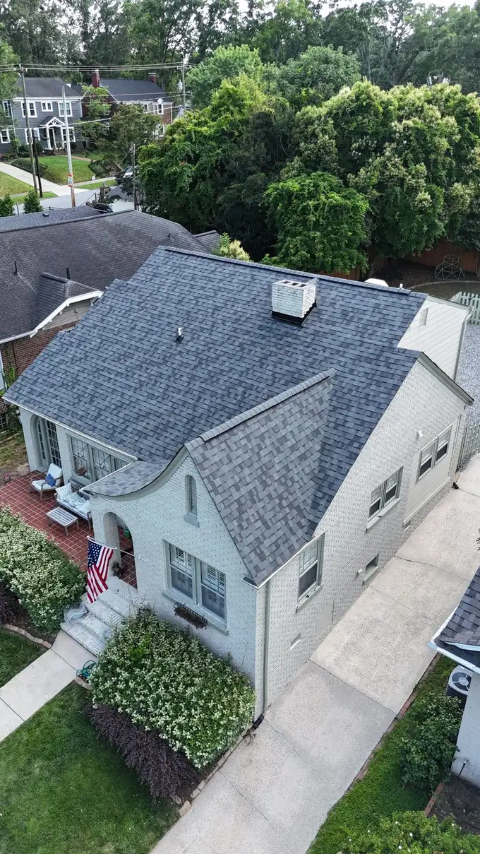 Aerial drone photo of a new roof installation by Charlotte Premier Roofing